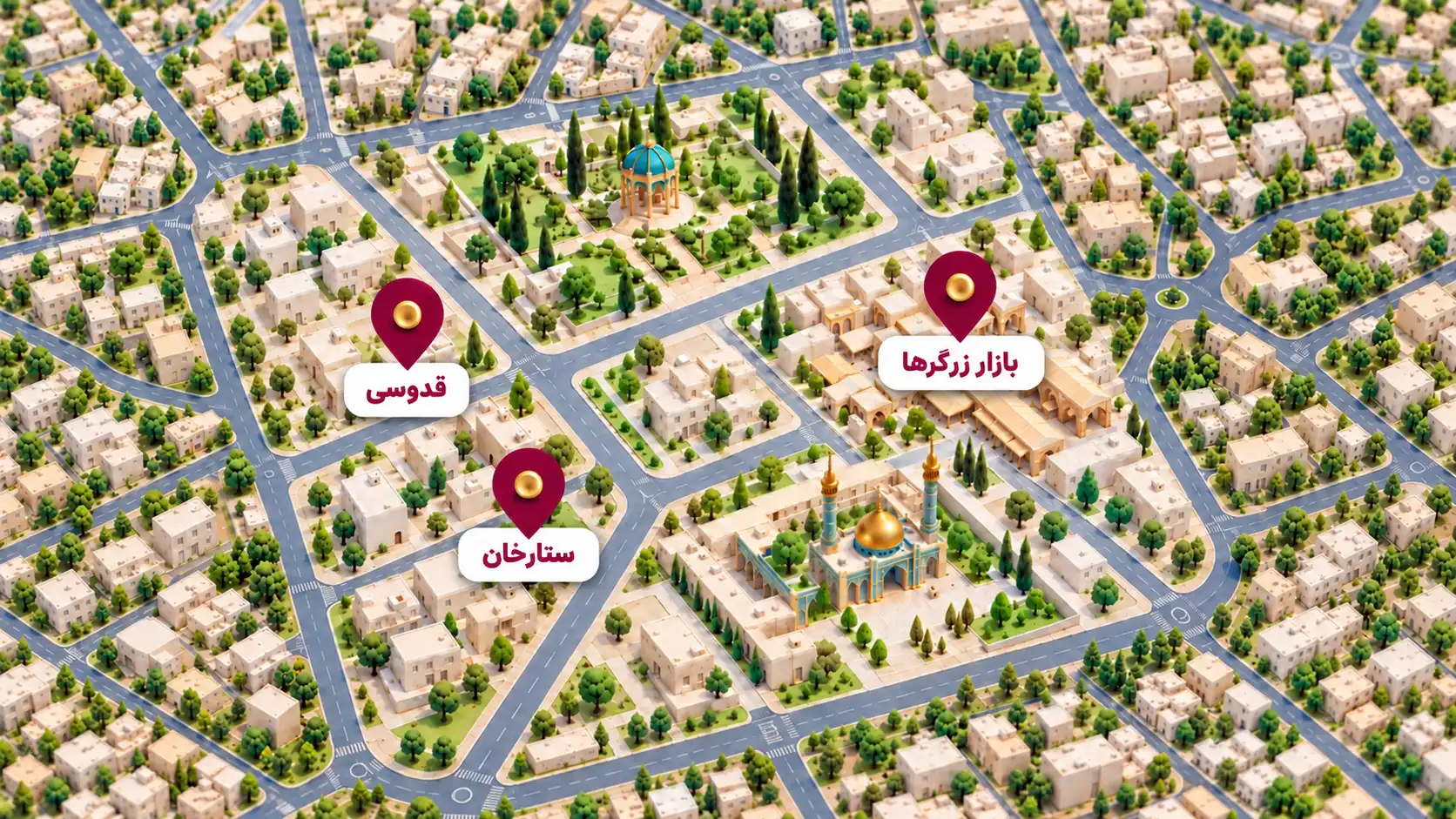 نمای شهری شماتیک با موقعیت شعبه تحویل فیزیکی طلا