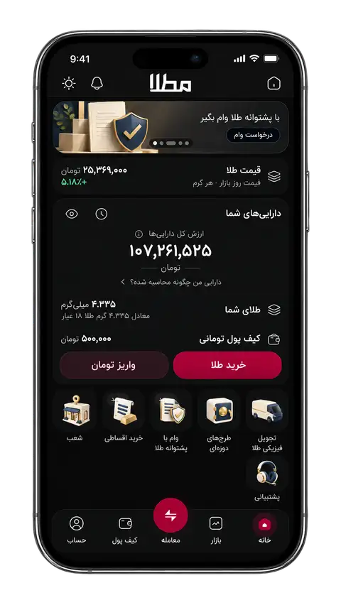 داشبورد اپلیکیشن مُطلا — تم تاریک