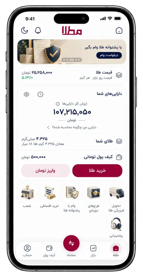 داشبورد اپلیکیشن مُطلا در قاب گوشی