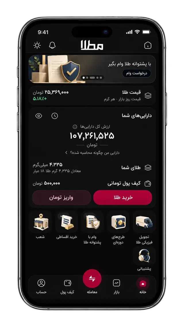 داشبورد اپلیکیشن مُطلا — تم تاریک